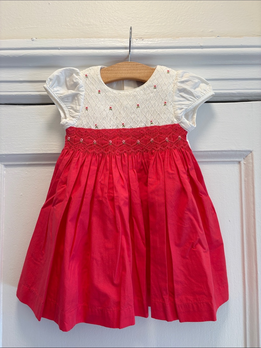 NWT - Trotters London - White and Red Smocked Puff-Sleeve Dress